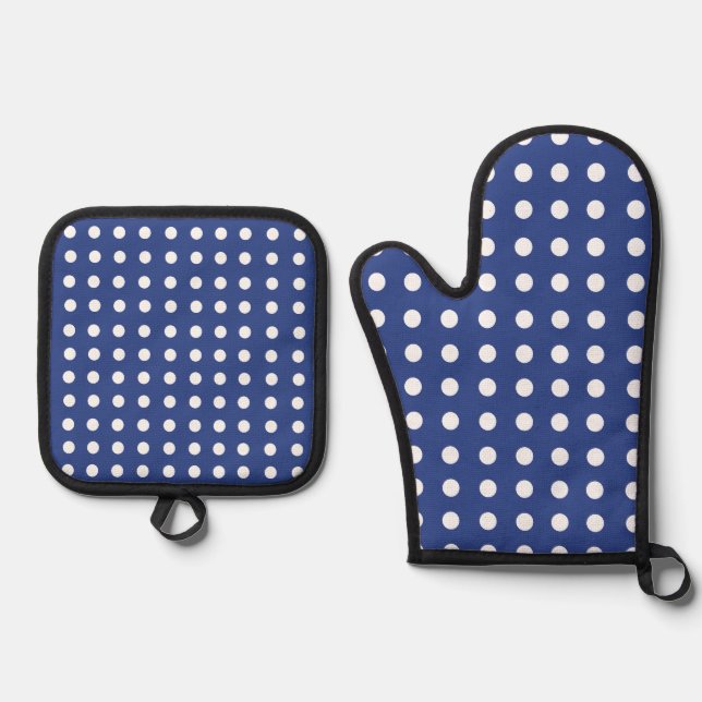 Blue White Polka Dots  Oven Mitt & Pot Holder Set (Front)