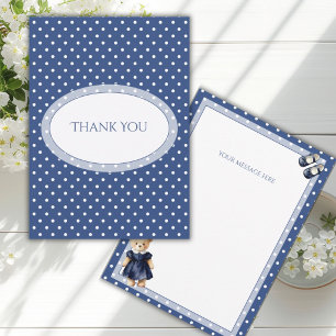 Blue & White Polkadot Teddy Bear Flat Thank You Card