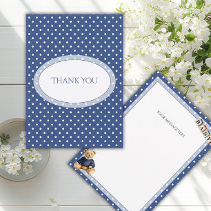 Blue & White Polkadot Teddy Bear Flat Thank You Card