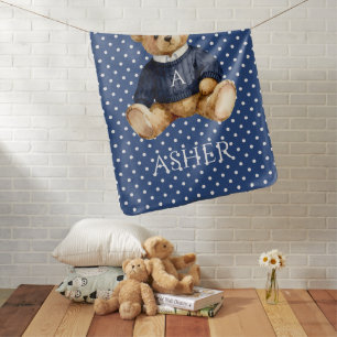 Blue & White Polkadot Teddy Bear Monogram Name Baby Blanket