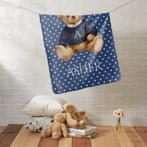 Blue & White Polkadot Teddy Bear Monogram Name  Baby Blanket