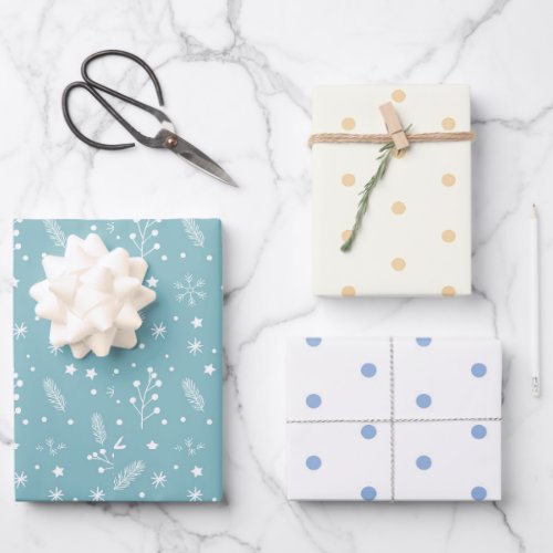 Blue  White Polkadots and Blue Snowflakes Stars Wrapping Paper Sheets
