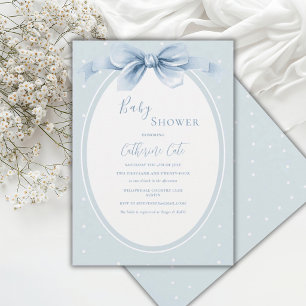 Blue White Polkadots Ribbon Baby Shower Invitation