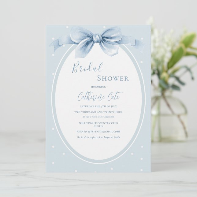 Blue White Polkadots Ribbon Bridal Shower Invitation (Standing Front)