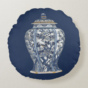 Blue & White Porcelain Vase by Vision Studio Round Pillow