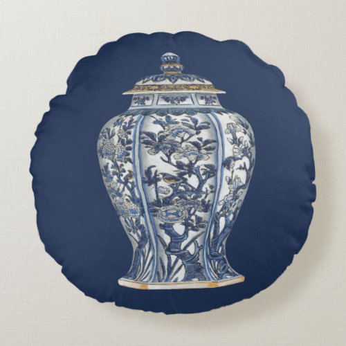 Blue  White Porcelain Vase by Vision Studio Round Pillow