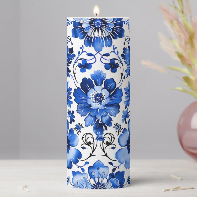 Blue White Portuguese Azulejo Floral Ceramic Mug Pillar Candle (In Situ)