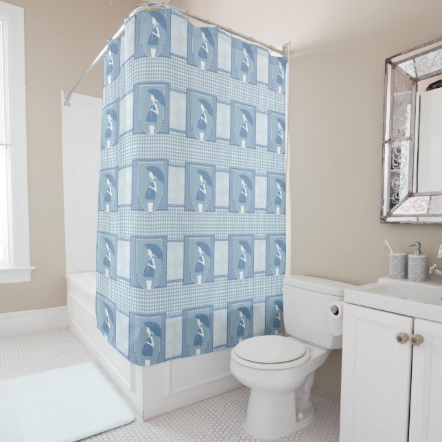 Blue White Pregnant Woman with Umbrella Shower Curtain (In Situ)