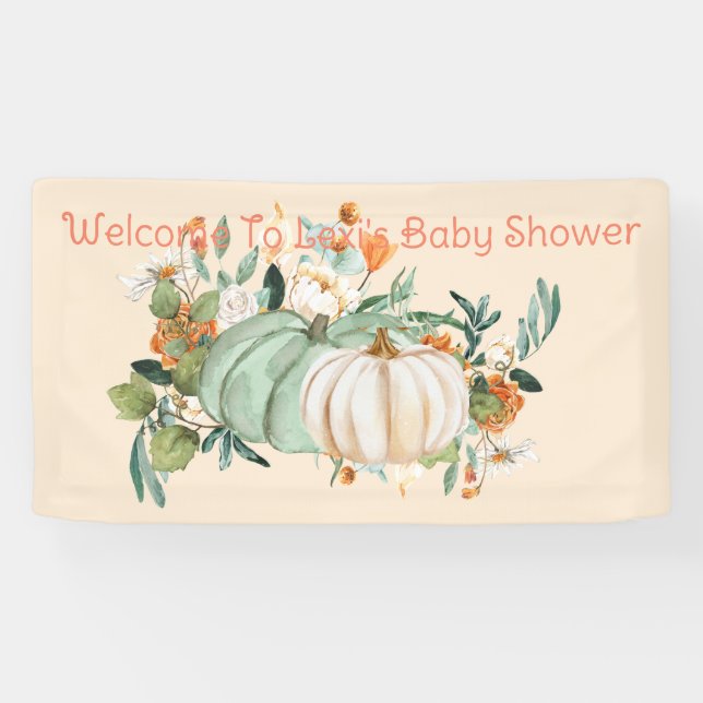 Blue White Pumpkin Fall Flowers Personalized, Banner (Horizontal)