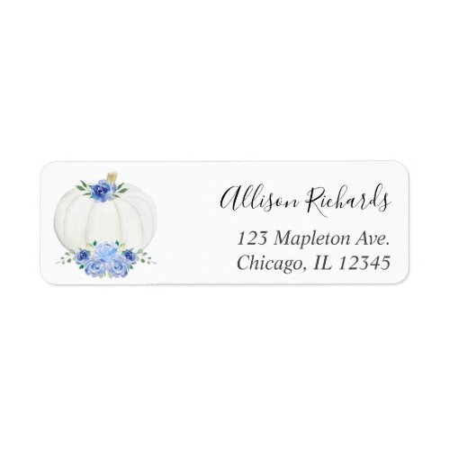 Blue white pumpkin floral watercolor fall label