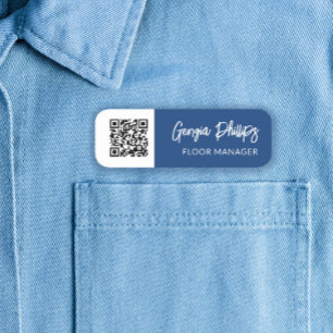 Blue & White QR Code Brush Script Name Tag