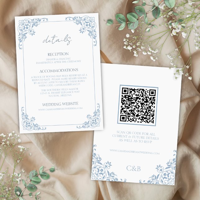 Blue White QR Code Wedding Details Enclosure Card (Elegant blue and white romantic qrcode wedding details enclosure cards for french coastal chic event)