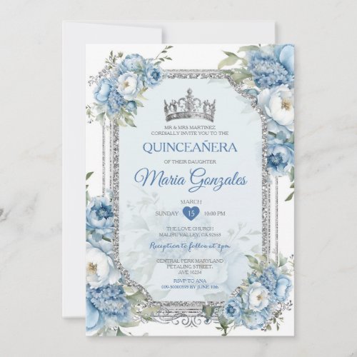 Blue  White Quinceaera Silver Crown 15 Anos Invitation