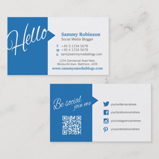 Blue white quote social media and QR code Business Card (Front/Back)
