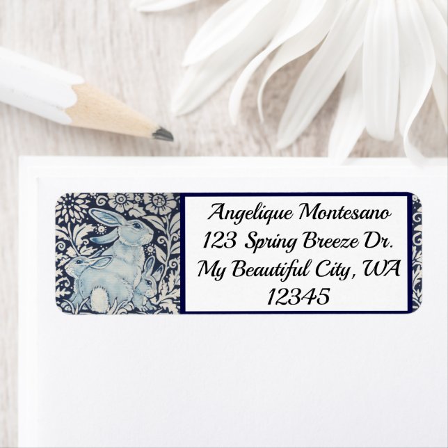 Blue & White Rabbit Animal Chinoiserie Navy Floral Label (Insitu)