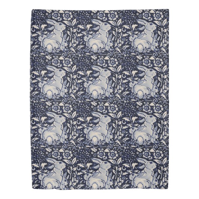 Blue & White Rabbit Baby Bunny Family Elegant Navy Duvet Cover (Front)