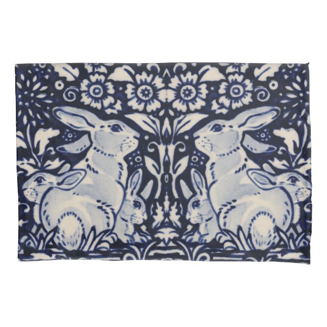 Blue & White Rabbit Baby Bunny Family Elegant Navy Pillow Case (Front)