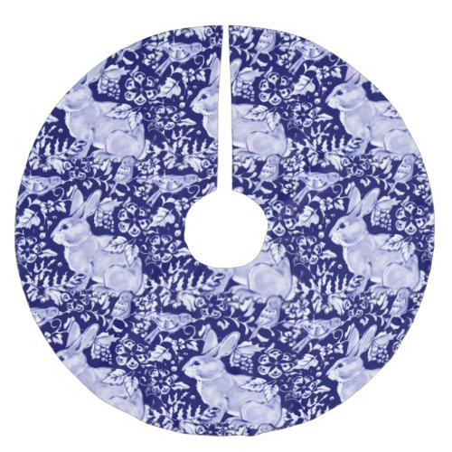 Blue  White Rabbit Bird Christmas Elegant Delft Brushed Polyester Tree Skirt