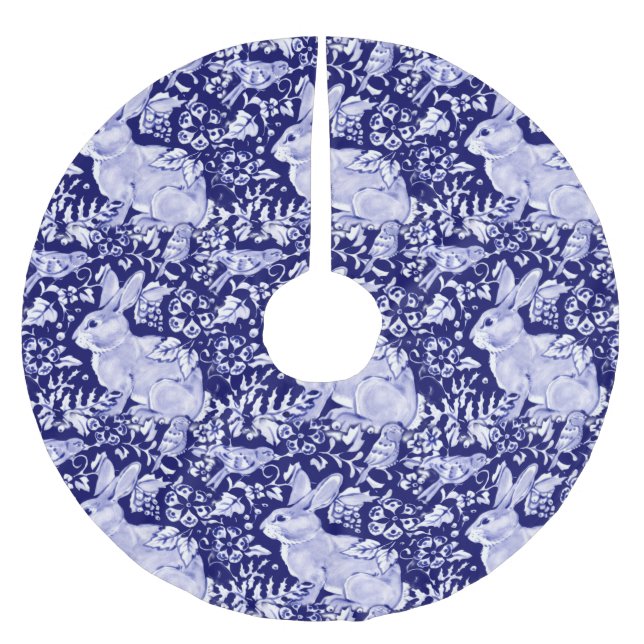 Blue & White Rabbit Bird Christmas Elegant Delft Brushed Polyester Tree Skirt (Front)