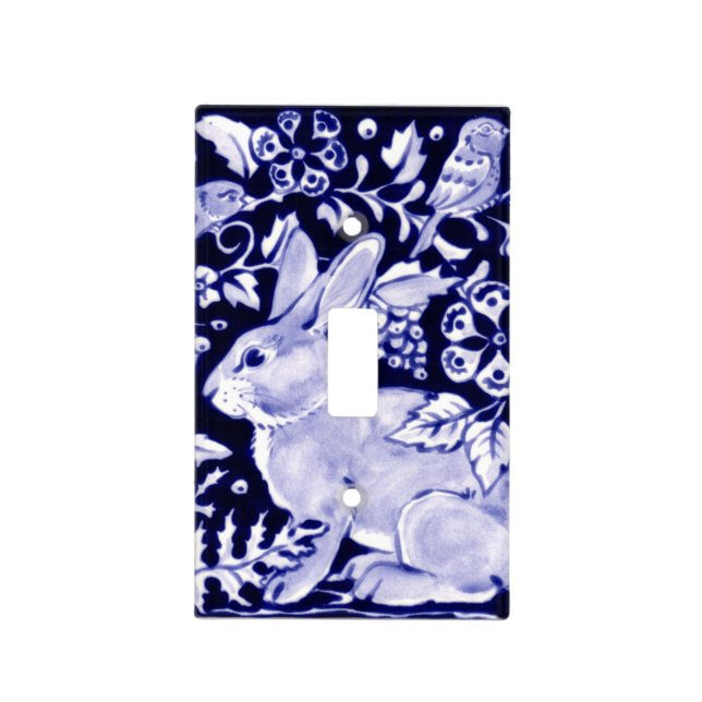 Blue & White Rabbit Bird Floral Delft Dedham Light Switch Cover (Front)
