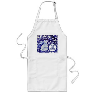 Blue White Rabbit Bird Floral Monogram Elegant Long Apron