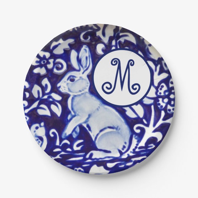 Blue White Rabbit Bird Floral Monogram Elegant Paper Plates (Front)