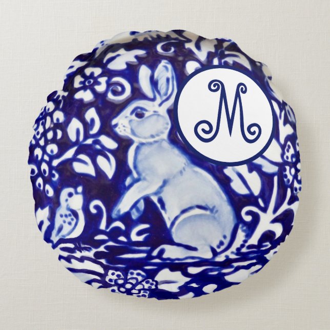 Blue White Rabbit Bird Floral Monogram Elegant Round Pillow (Front)