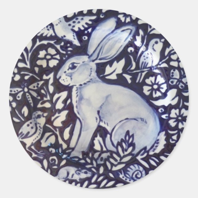 Blue White Rabbit Bird Floral Sticker Dedham Navy (Front)