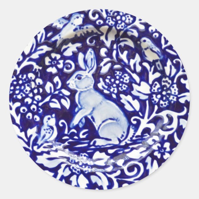 Blue White Rabbit Bird Floral Sticker Dedham Navy (Front)