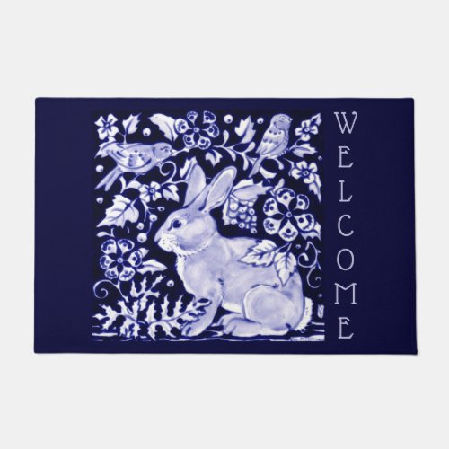 Blue  White Rabbit Bird Welcome Floral Dedham Doormat