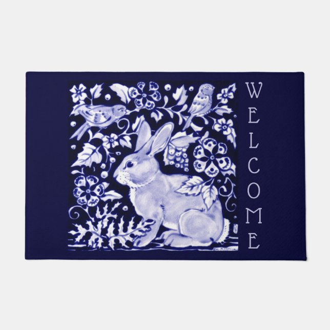 Blue & White Rabbit Bird Welcome Floral Dedham Doormat (Front)