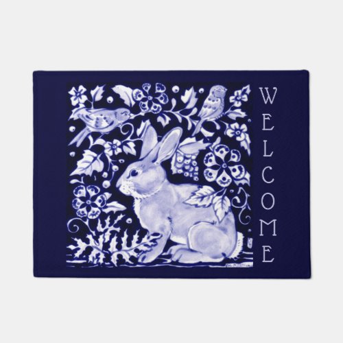 Blue  White Rabbit Bird Welcome Floral Dedham Doormat