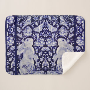 Blue & White Rabbit Bird Woodland Navy Floral Art Sherpa Blanket