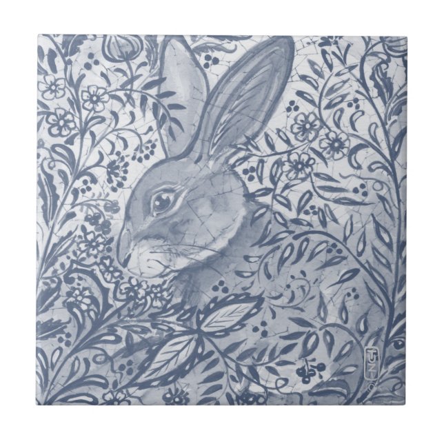 Blue White Rabbit Botanical Delft Dedham Painting Ceramic Tile (Front)