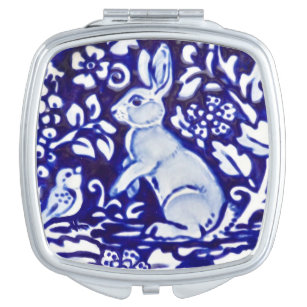 Blue & White Rabbit Bunny Bird Floral Ceramic Tile Compact Mirror