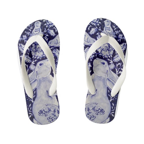 Blue  White Rabbit Bunny Bird Floral Chinoiserie Kids Flip Flops