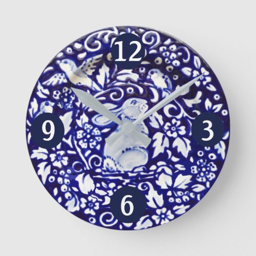 Blue  White Rabbit Bunny Bird Flower Scroll Plate Round Clock