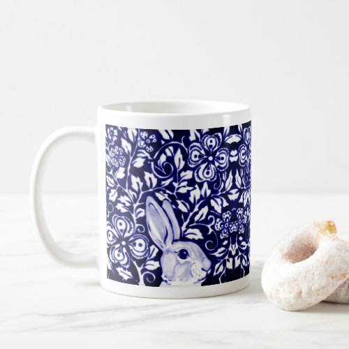 Blue  White Rabbit Bunny Chinoiserie Floral Funny Coffee Mug