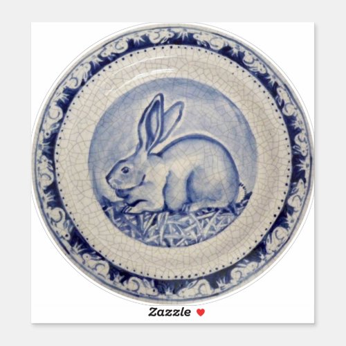 Blue  White Rabbit Bunny Delft Dedham Round Sticker
