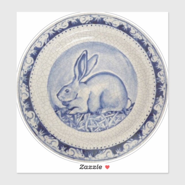 Blue & White Rabbit Bunny Delft Dedham Round Sticker (Sheet)