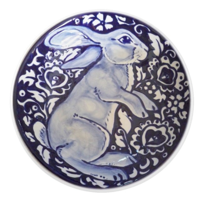 Blue & White Rabbit Bunny Drawer Pull Knob Dedham (Front)