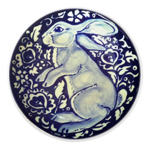 Blue  White Rabbit Bunny Drawer Pull Knob Dedham