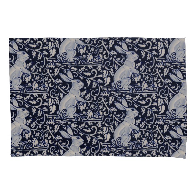 Blue & White Rabbit Bunny Elegant Art Cobalt Navy Pillow Case (Front)