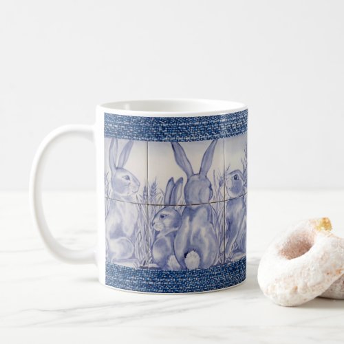 Blue  White Rabbit Bunny Family Tile on Denim Coffee Mug