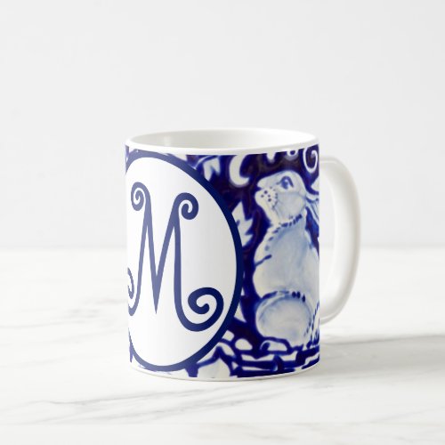 Blue White Rabbit Bunny Floral Monogram Elegant Coffee Mug