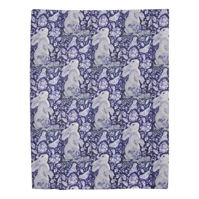 Blue & White Rabbit Bunny Flowers Bird Navy Cobalt Duvet Cover (Front)