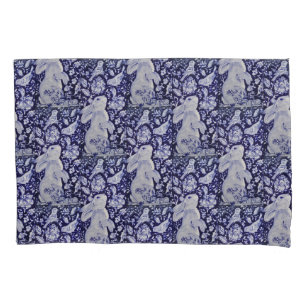 Blue & White Rabbit Bunny Flowers Bird Navy Cobalt Pillow Case