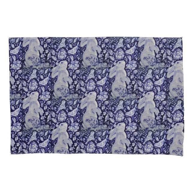 Blue & White Rabbit Bunny Flowers Bird Navy Cobalt Pillow Case (Front)