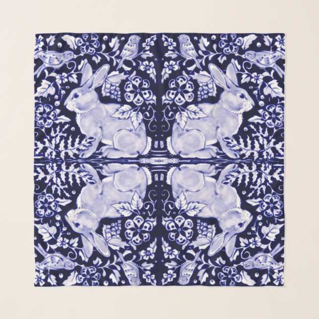 Blue & White Rabbit Bunny Hare Bird Chiffon Easter Scarf (Front)
