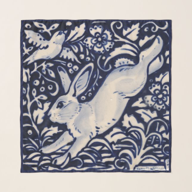 Blue & White Rabbit Bunny Hare Floral Bird Easter Scarf (Front)